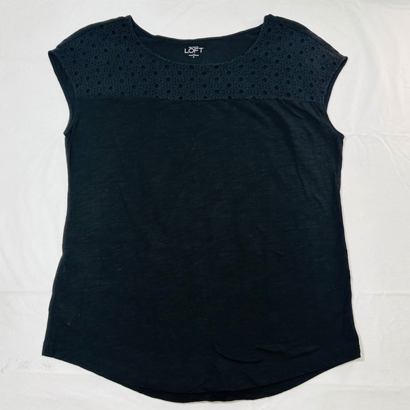 Ann Taylor LOFT Tops - Ann‎ Taylor LOFT Black Eyelet Yoke Slub Knit Sleeveless Top Small S Scoop Neck